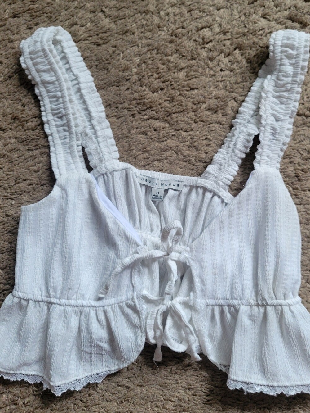 HAUTE MONDE White Tie-Front Ruffle Crop Top - Picture 1 of 4